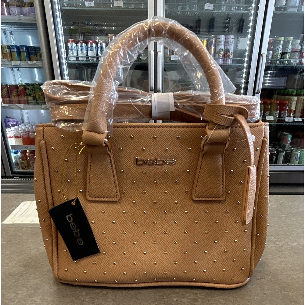 Bebe Tan Studded Medium Rectangle Top Handle Satchel Bag Gold Hardware Zip